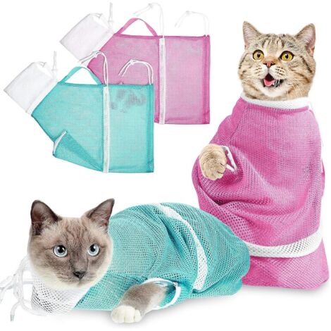 Lot de 2 sacs de bain pour chat – Modèle amélioré troisième génération – Vert blanc et rose blanc