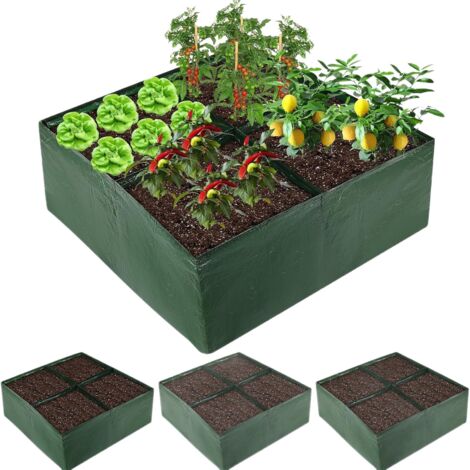 Lot de 2 sacs de culture PE 4 compartiments vert foncé 60x60x25cm, pots modulables pour légumes fleurs et semis