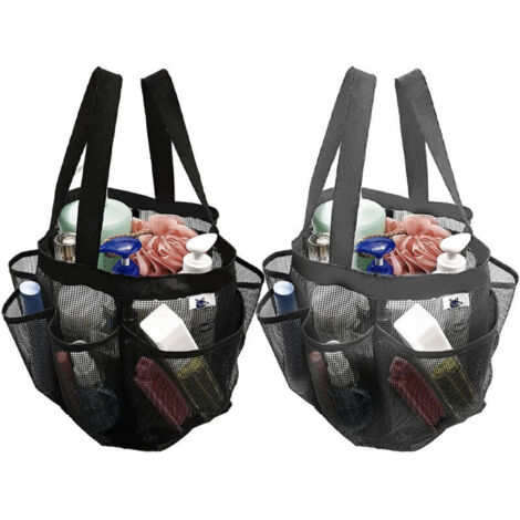 Lot de 2 sacs de douche en maille à séchage rapide, 8 poches, organiseur de bain avec 2 poignées de suspension pour plage, camping, dortoir, salle de bain et voyage Gris et noir