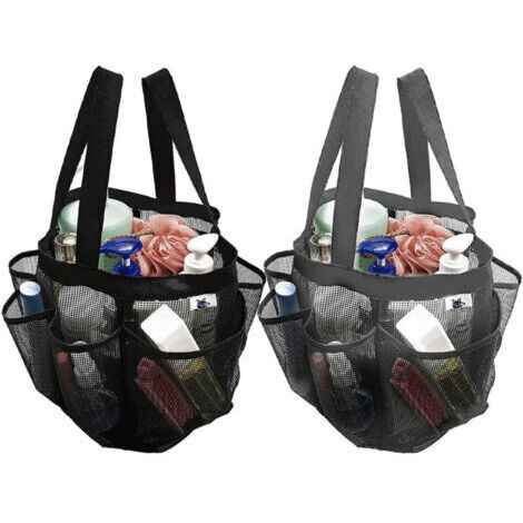 Lot de 2 sacs de douche en maille à séchage rapide, 8 poches, organiseur de bain avec 2 poignées de suspension pour plage, camping, dortoir, salle de bain et voyage – Gris et noir