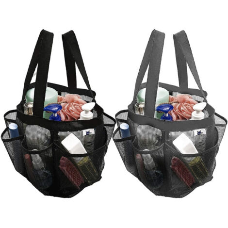 Lot de 2 sacs de douche en maille à séchage rapide, 8 poches, organiseur de bain avec 2 poignées de suspension pour plage, camping, dortoir, salle de bain et voyage – Gris et noir-Crezuo