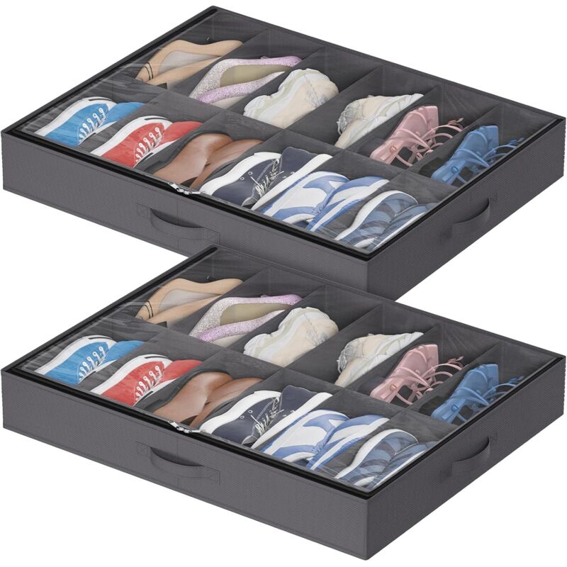 Lot de 2 Sacs de Rangement Chaussures avec Fenêtre Transparente, Boite Rangement Sous Lit Pliable avec Poignées pour Chaussures, Organisateur