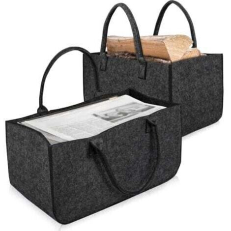 Lot de 2 sacs en feutre - Pliable, transportable - Gris Foncé, polyvalent et grande taille - Avec anses - Pour bois de cheminée, journaux et boutique
