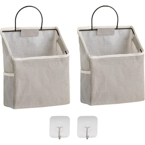Lot de 2 sacs organisateurs suspendus en coton et lin gris – rangement mural compact pour placard, salle de bain ou chambre