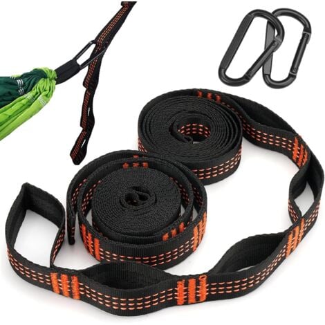 LONGZIMING Lot de 2 Sangle Hamac,2m x 2,5 cm Fixation Hamac en Polyester,Hamac Sangles avec 2 Mousquetons,Fixation Hamac Arbre Portée Maximale de 300kg,Corde Hamac Attache Hamac pour Balançoire Hamac Camping