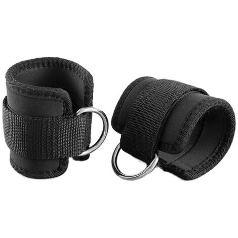Lot de 2 sangles de cheville avec anneau en D pour le renforcement des jambes, avec boucle élastique et protection pour le pied. Noir, argent et blanc.