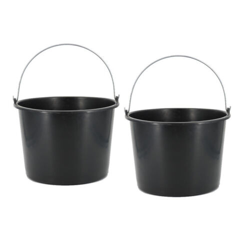 Lot de 2 Seaux noir 16L en plastique robuste avec graduation et poignée métallique pour jardin ou chantier
