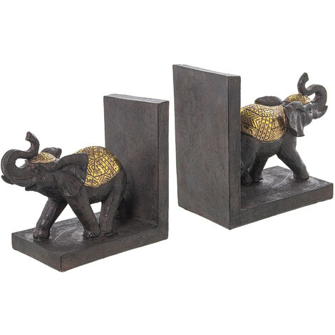 Lot de 2 serre-livres éléphant marron/doré 36x10x15 cm
