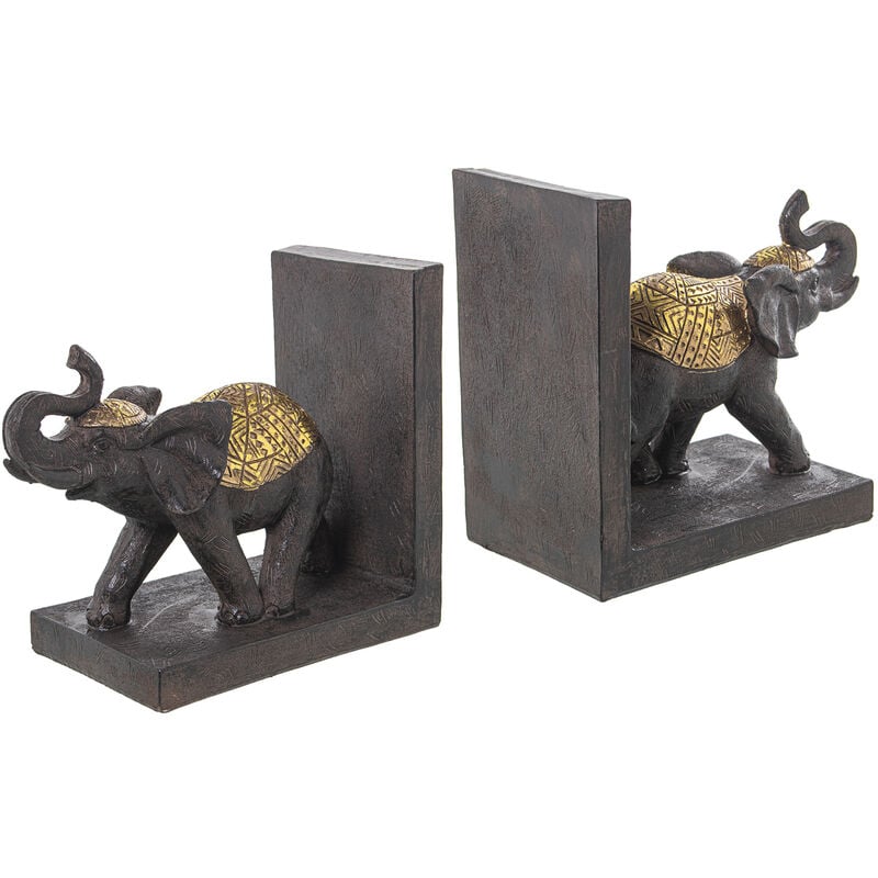 Lot de 2 serre-livres éléphant marron/doré 36x10x15 cm