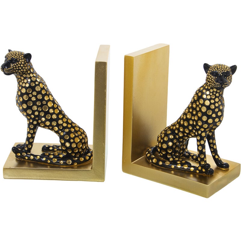 Fijalo - Lot de 2 Serre-livres Léopard en Résine Noir/Or 15X10X19 Cm