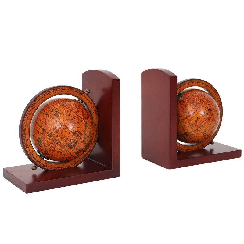 Décoshop26 - Lot de 2 serre-livres globe terrestre certifié fsc marron décoration étagère 040000177