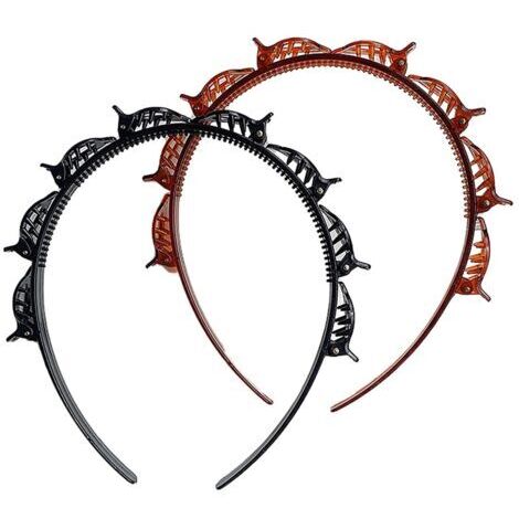 Lot de 2 serre-têtes à double frange noirs et marron avec petites pinces – Accessoires pour tresses double couche pour femmes, serre-tête à pinces avec bandes dentées