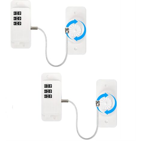 Lot de 2 serrures de réfrigérateur pour enfants avec serrures à combinaison pour fenêtres, armoires et tiroirs, sans perçage, blanc