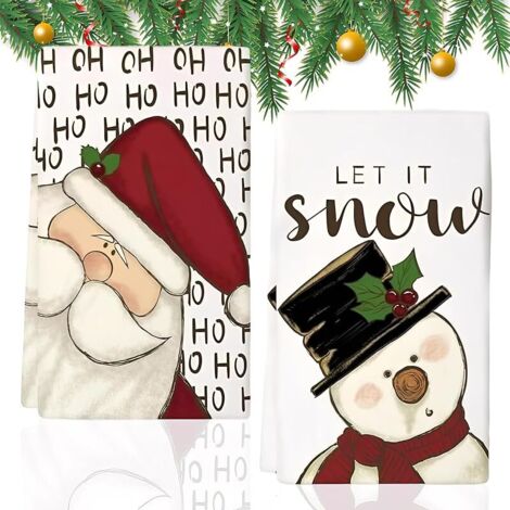 Lot de 2 serviettes de cuisine en microfibre, 40 x 60 cm, motifs bonhomme de neige et Père Noël, décoration de table de Noël, cadeau