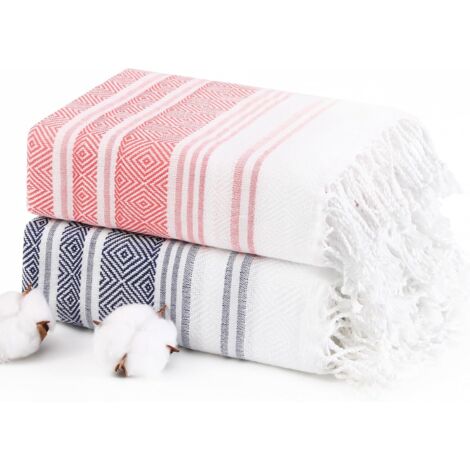 Lot de 2 serviettes de plage turques extra-larges en coton (188 x 97 cm), sans sable, à séchage rapide, idéales pour la natation, le bain, le camping, les voyages et les croisières. Noir/Rouge.