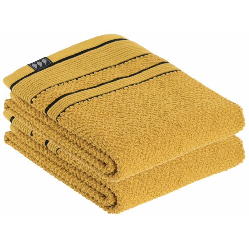 lot de 2 serviettes de toilette 100% coton bicolore jaune ocre et noir 50 x 90 cm tendance jaune