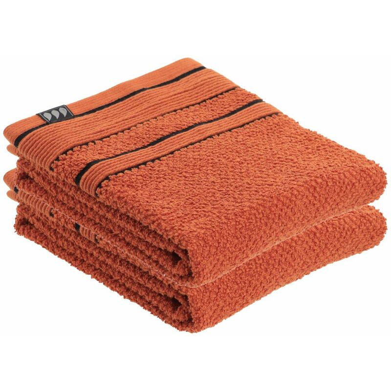 lot de 2 serviettes de toilette 100% coton bicolore terracotta et noir 50 x 90 cm tendance orange