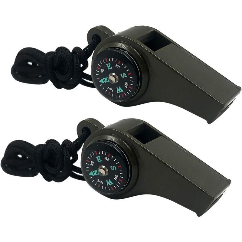 Lot de 2 sifflets de survie d'urgence, sifflets d'urgence 3 en 1 avec boussole et thermomètre, sifflet de sécurité puissant avec cordon pour la
