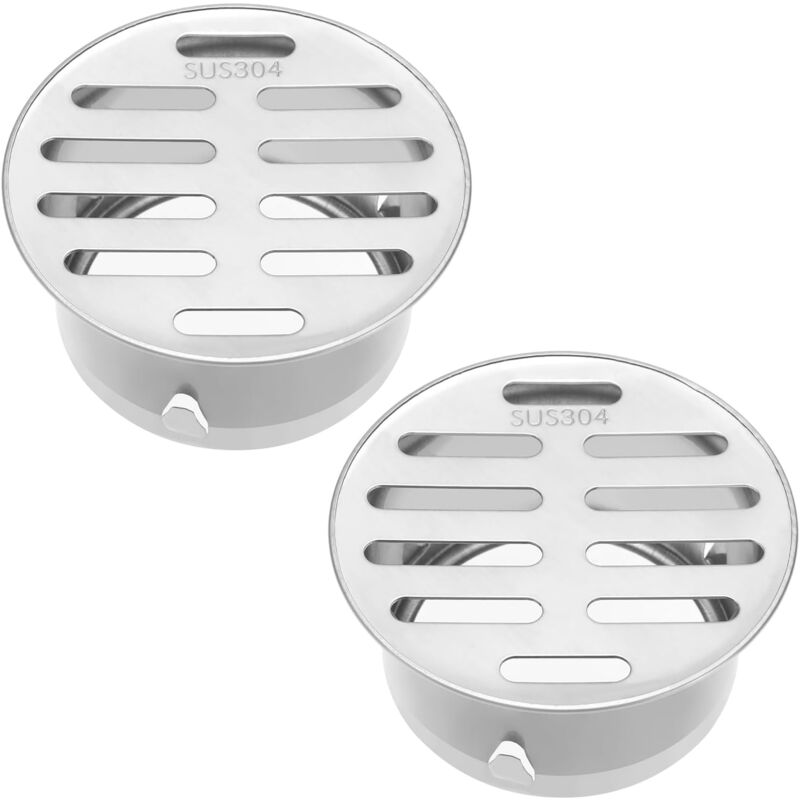 Lot de 2 siphons de sol de 75 mm en acier inoxydable - Couvercle en maille - Ronds - Lavabo pour tuyaux de drainage extérieurs, toits, cuisines,