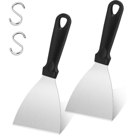 Lot de 2 Spatules Acier Inoxydable - Bord Incliné - Poignée Plastique Noir - Cuisine et Barbecue - Nettoyage Facile