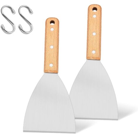 Lot de 2 Spatules Acier Inoxydable - Poignée Bois - Bord Incliné - Cuisine et Barbecue