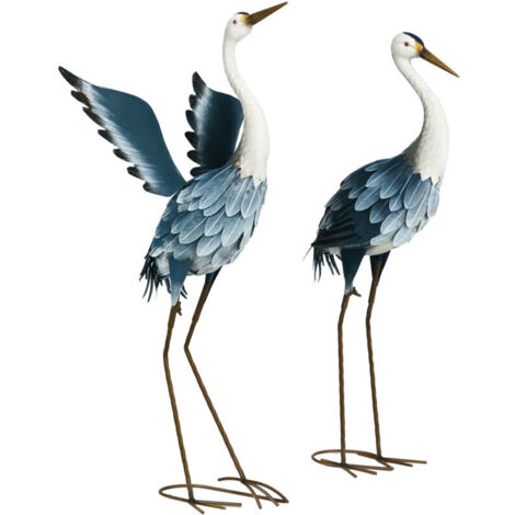 Lot de 2 statues jardin exterieur sculpture de héron en acier pour étang, patio, terrasse, pelouse, 74/70cm multicolore