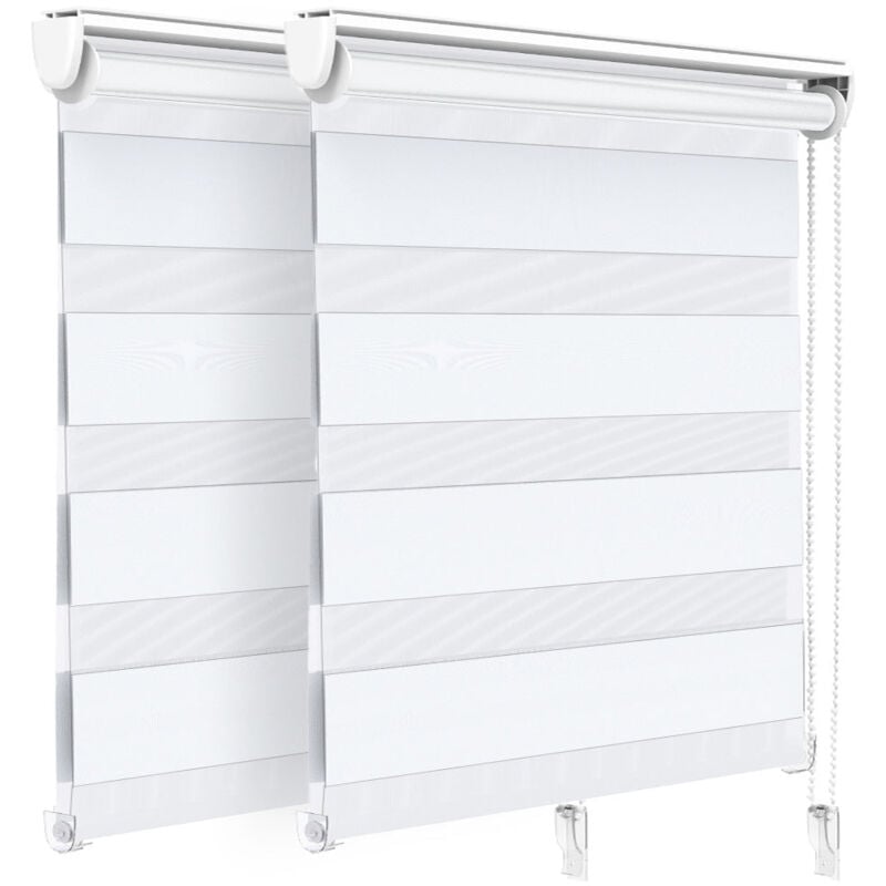 Lot de 2 Stores enrouleurs jour/nuit zébrés - 90 x 150 cm - Blanc - Sans perçage ou avec