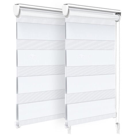 Lot de 2 Stores enrouleurs jour/nuit zébrés - 45 x 150 cm - Blanc - Sans perçage ou avec