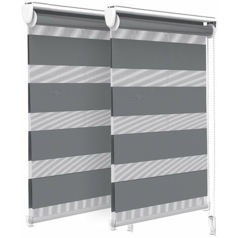 Lot de 2 Stores enrouleurs jour/nuit zébrés - 50 x 150 cm - Gris - Sans perçage ou avec