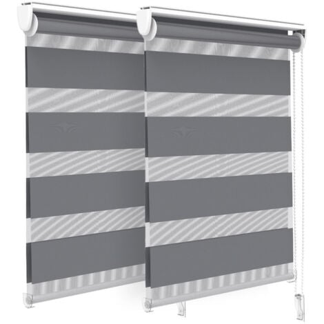 Lot de 2 Stores enrouleurs jour/nuit zébrés - 55 x 150 cm - Gris - Sans perçage ou avec