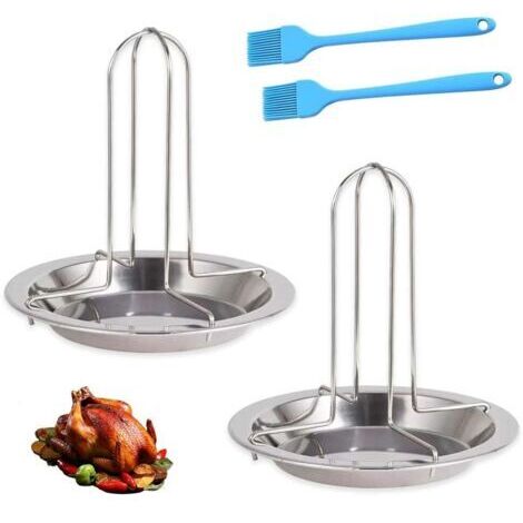 Lot de 2 Support à Poulet Barbecue, Acier Inoxydable Support à Poulet avec 2 Pinceaux à Huile, Rôtissoire de Dinde au Poulet Antiadhésif Gril des Casseroles de Cuisson, pour Cuisine, Barbecue