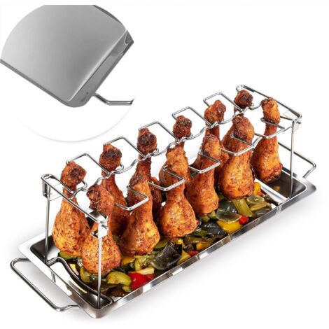 Lot de 2 supports à cuisses de poulet en acier inoxydable dans coffret avec bac récupérateur de jus de cuisson