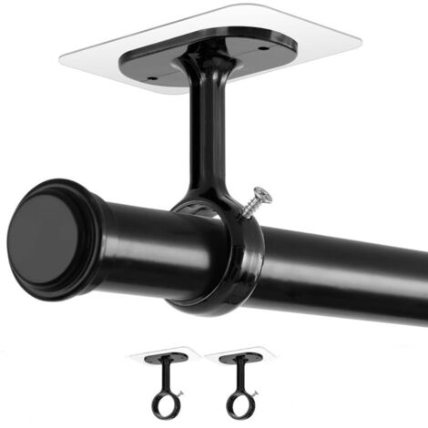 Lot de 2 supports auto-adhésifs noirs pour tringle à rideaux, fixation au plafond sans perçage, capacité de charge lourde, sans dommage aux murs, idéal pour les locataires, dortoirs, cuisine, chambre 