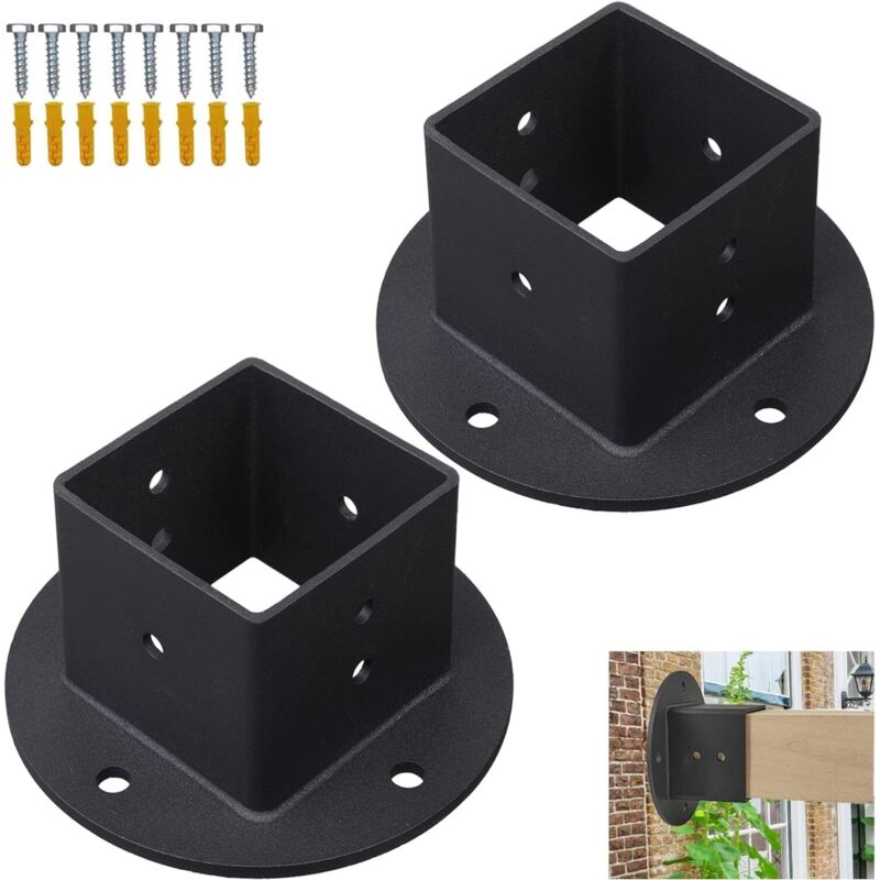 Lot de 2 supports de base de table carrés 2 x 2 - Support de base de pergola - Support mural noir robuste - Support de base d'ancrage pour pont