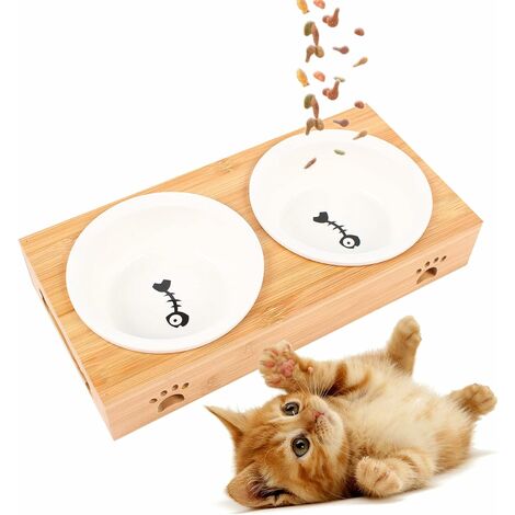 Lot de 2 supports de bols en bambou Bols en céramique Eau et nourriture Bols pour chats et petits chiens lavables au lave-vaisselle
