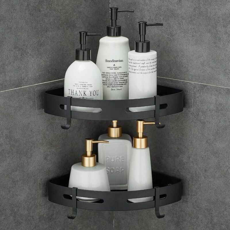 Lot de 2 supports de douche d'angle en métal sans perçage, avec 2 crochets pour salle de bain, support antirouille (noir)