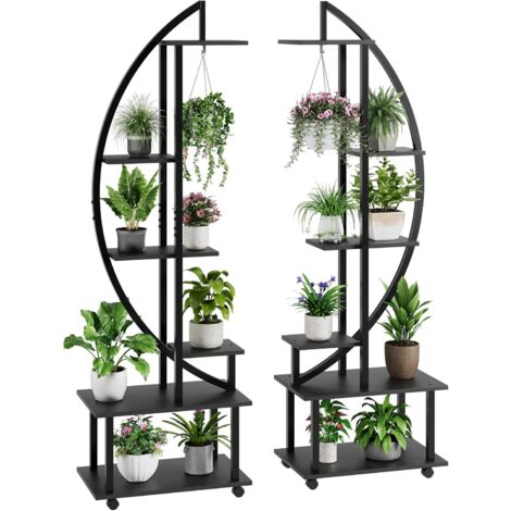 Lot de 2 supports de plantes d'intérieur à 6 étages en métal incurvé avec 2 crochets de suspension, 175cm,multi-usages pour intérieur, jardin, balcon, salon,noir