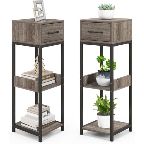 Lot de 2 Supports de Plantes en Métal à 3 Niveaux, Porte-Plantes avec 1 Tiroir Kits Anti-basculement, Organisateur d'angle de Pots, Gris+Noir