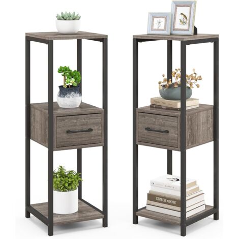Lot de 2 Supports de Plantes en Métal à 3 Niveaux, Porte-Plantes avec Kits Anti-basculement 1 Tiroir, Organisateur d'angle de Pots, Gris+Noir