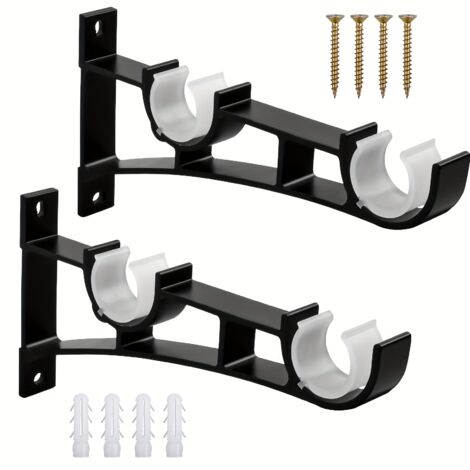 Lot de 2 supports de tringle à rideau en métal – Crochets doubles, vis – Peut supporter jusqu'à 50 kg, résistant à la rouille et durable, noir