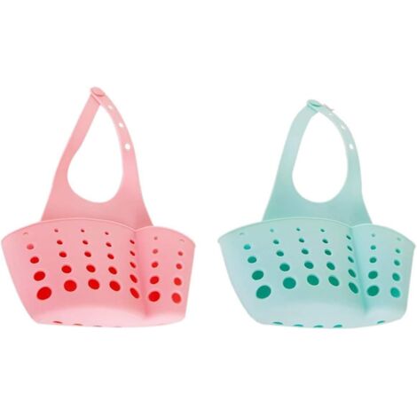 Lot de 2 supports d'éponge suspendus réglables avec panier de rangement pour savon, pour évier de cuisine - Rose et bleu