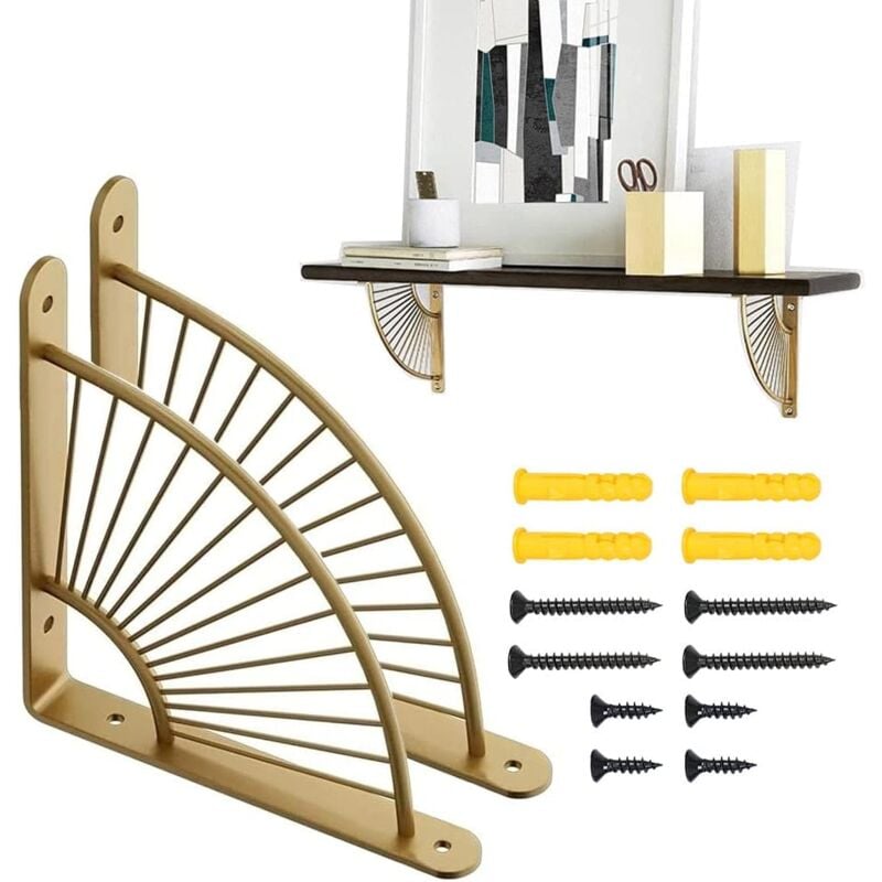 Lot de 2 supports d'étagère d'angle en métal doré, en forme d'éventail, pour décoration de salon, de restaurant, doré/noir, taille unique