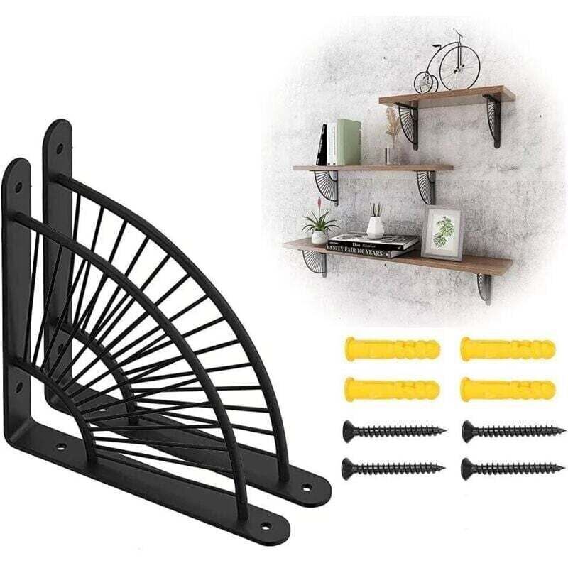 Lot de 2 Supports d'étagère Noire, Angle étagère dorée, Supports pour étagères murales latérales, Support pour étagère Angle, Cadre Forme éventail
