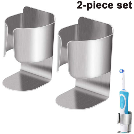Lot de 2 supports pour brosses à dents électriques en acier inoxydable, auto-adhésifs et muraux, pour salle de bain et cuisine. Fixation sans perçage.