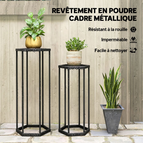 Lot de 2 supports pour plantes, tabouret à fleurs hexagonal en métal, intérieur et extérieur, noir