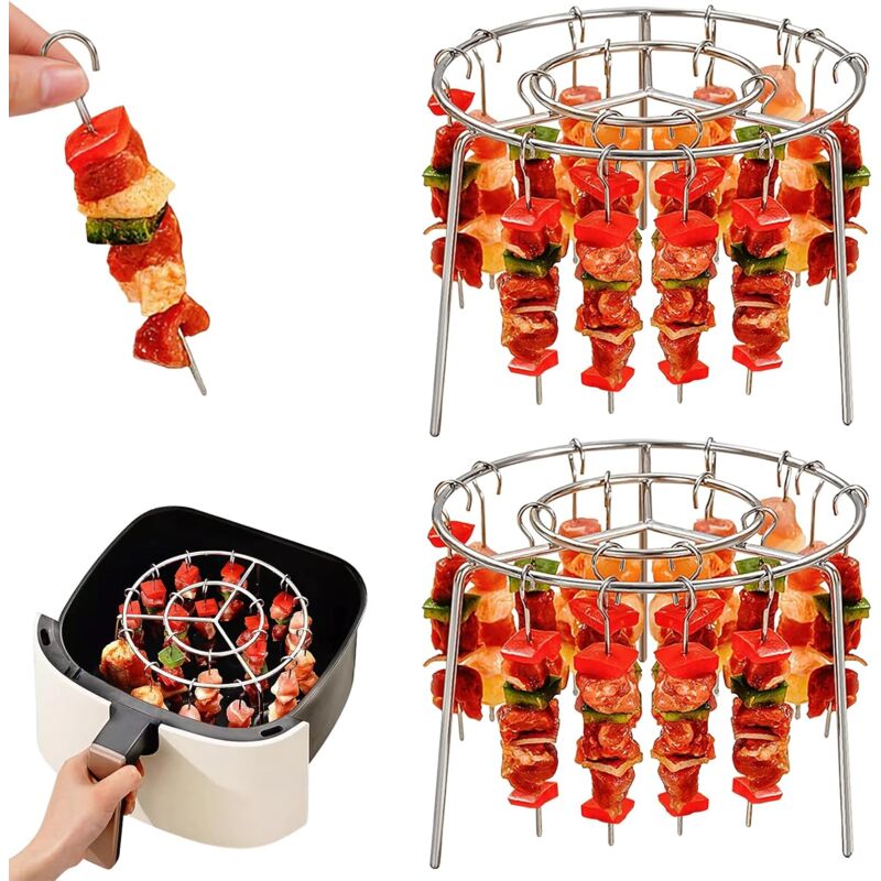 Lot de 2 supports ronds pour friteuse à air comprimé de 15,2 cm, en acier inoxydable à suspendre, avec 24 brochettes, grille multifonction pour la