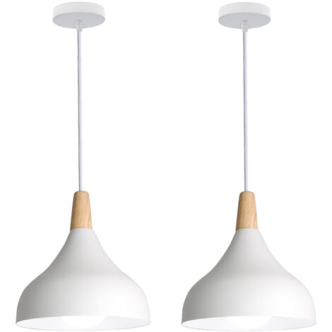 Lot de 2 suspension en métal et bois, lustre abat-jour Ø 20cm luminaire E27 60W, Blanc