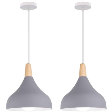 Lot de 2 suspension en métal et bois, lustre abat-jour Ø 20cm luminaire E27 60W, Gris