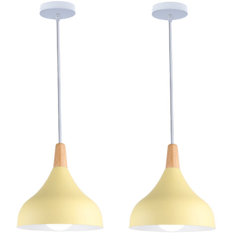 Lot de 2 suspension en métal et bois, lustre abat-jour Ø 20cm luminaire E27 60W, Jaune claire