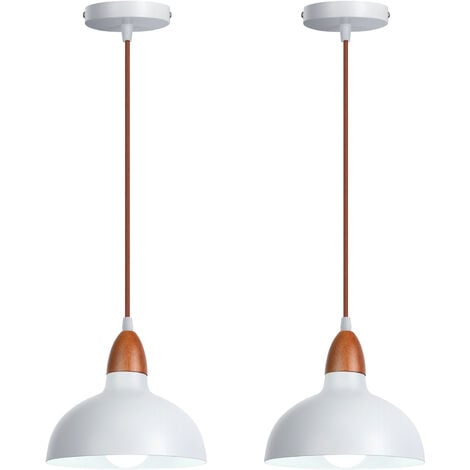 Lot de 2 Suspension Lampe Moderne E27 Suspension Luminaire en Métal Bois Plafonnier Blanc pour Chambre Salon Cuisine - Blanc
